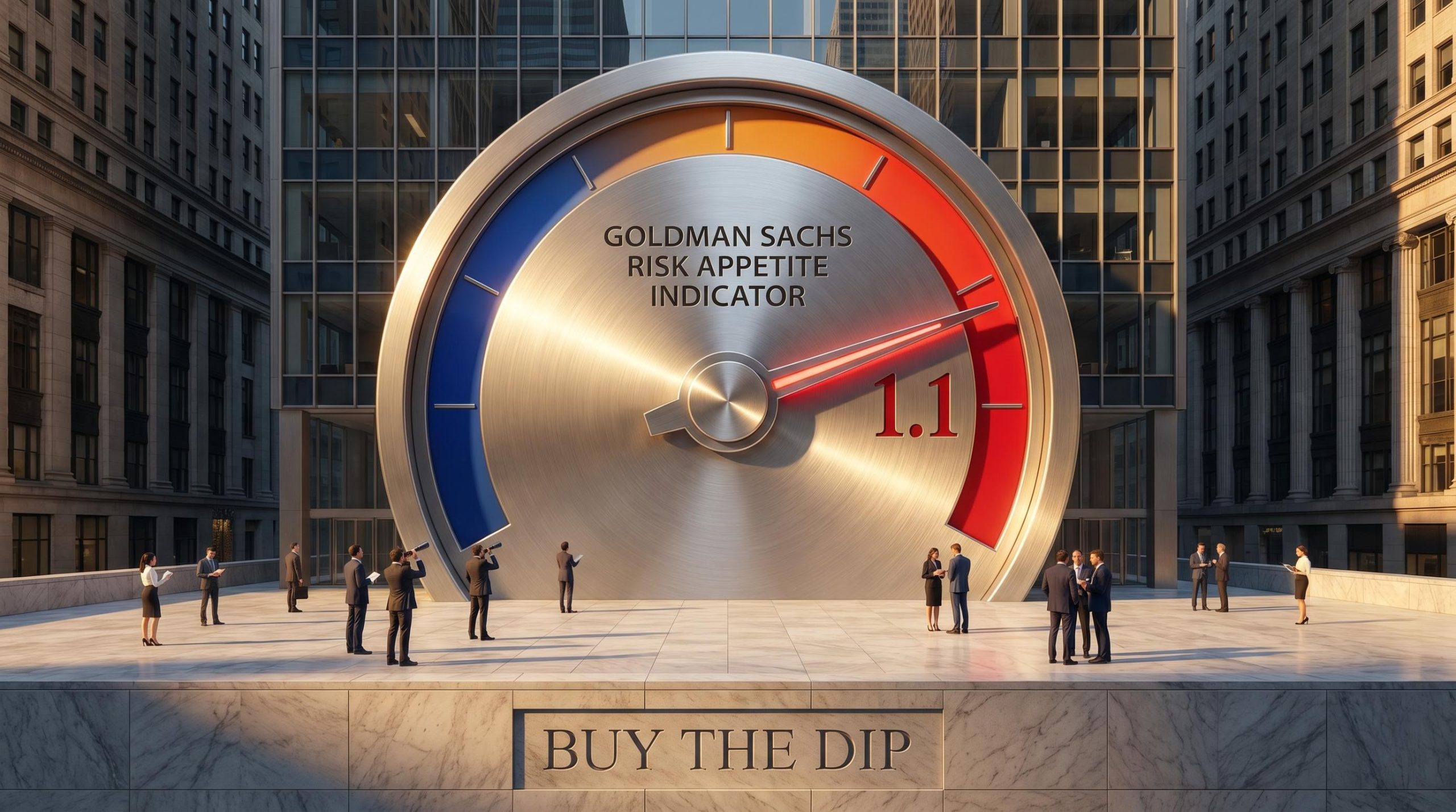 Goldman Sachs Risk Appetite Indicator above 1.1 on a monumental steel dial as analysts weigh 12-month equity outlook