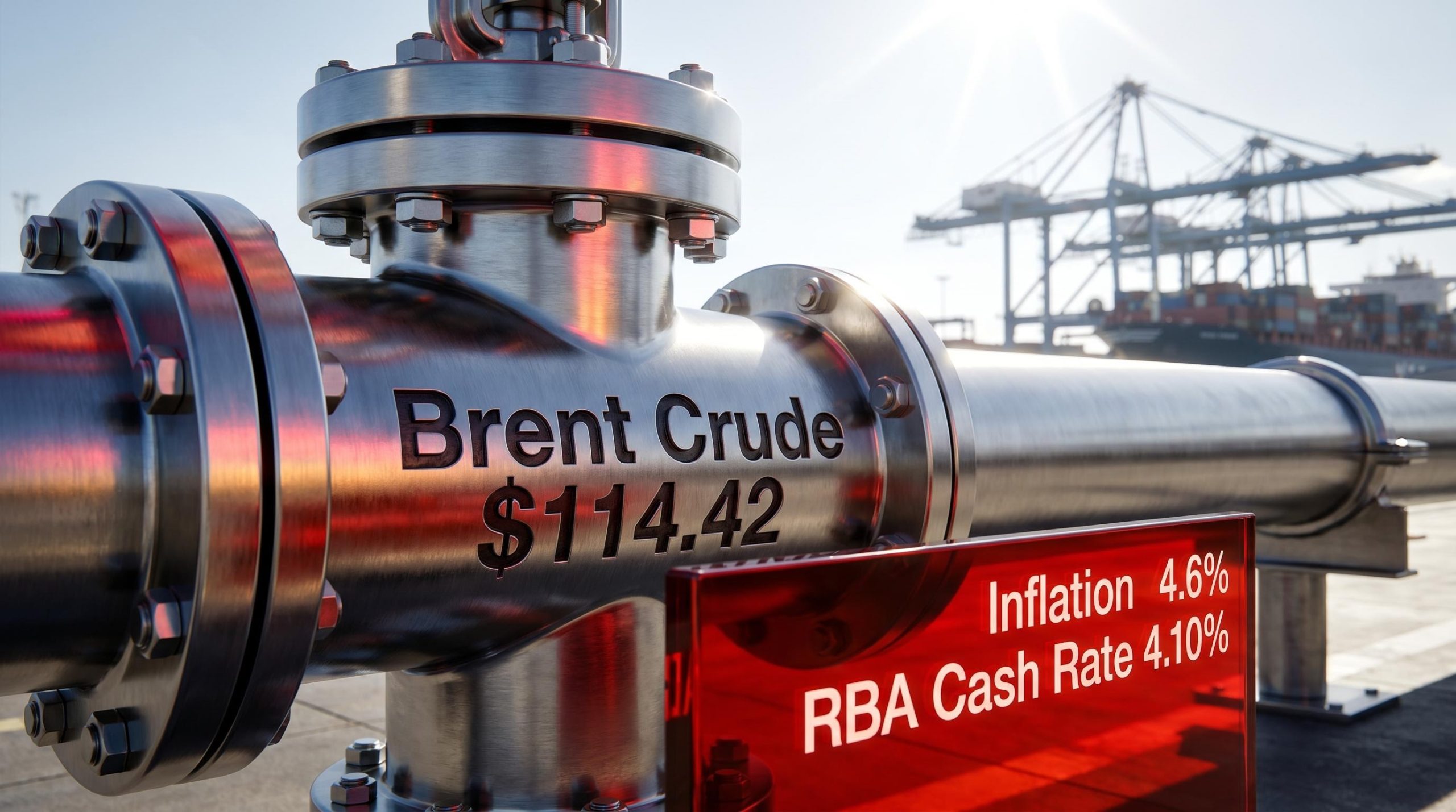 Shut oil pipeline valve displaying Brent Crude at $114.42 and RBA rate at 4.10%, representing stagflation investing risks.