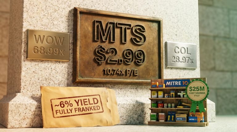 Metcash MTS share price plaque at $2.99 showing 10.74x P/E versus Woolworths 68.99x and $25M cost savings