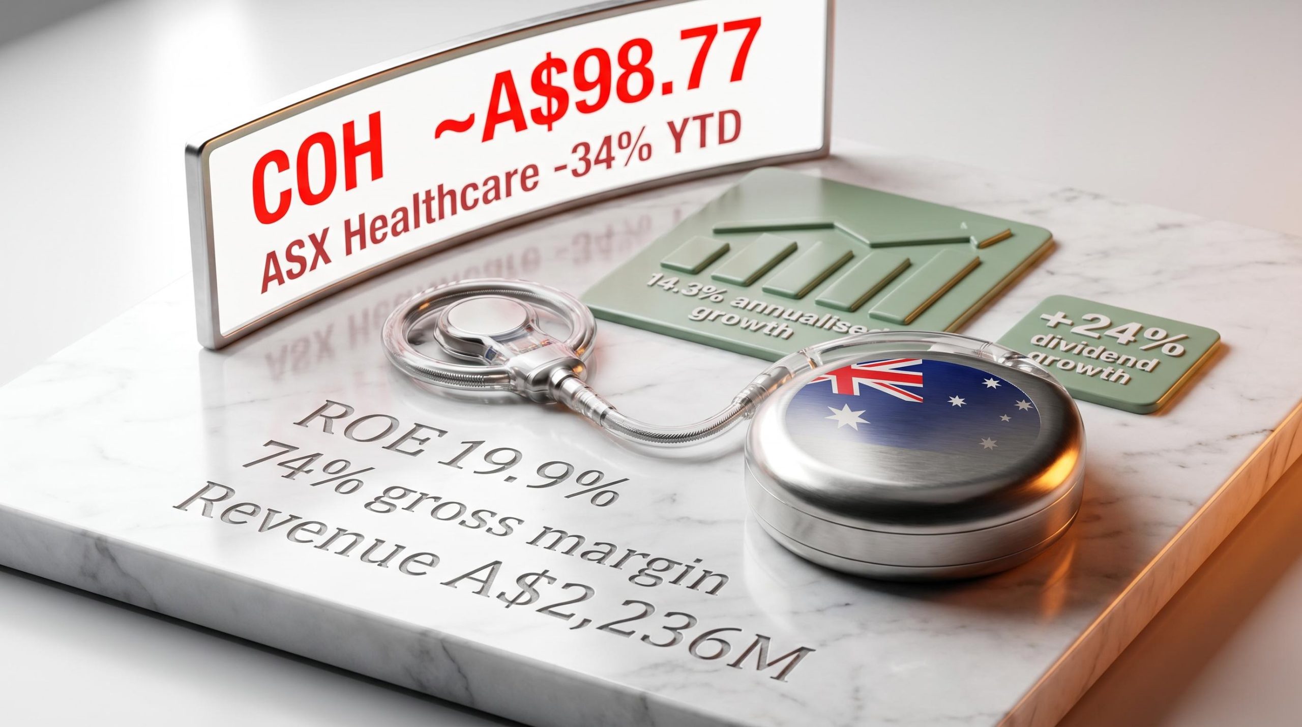 Cochlear implant device on marble with COH share price A$98.77 and 19.9% ROE data — Cochlear stock analysis