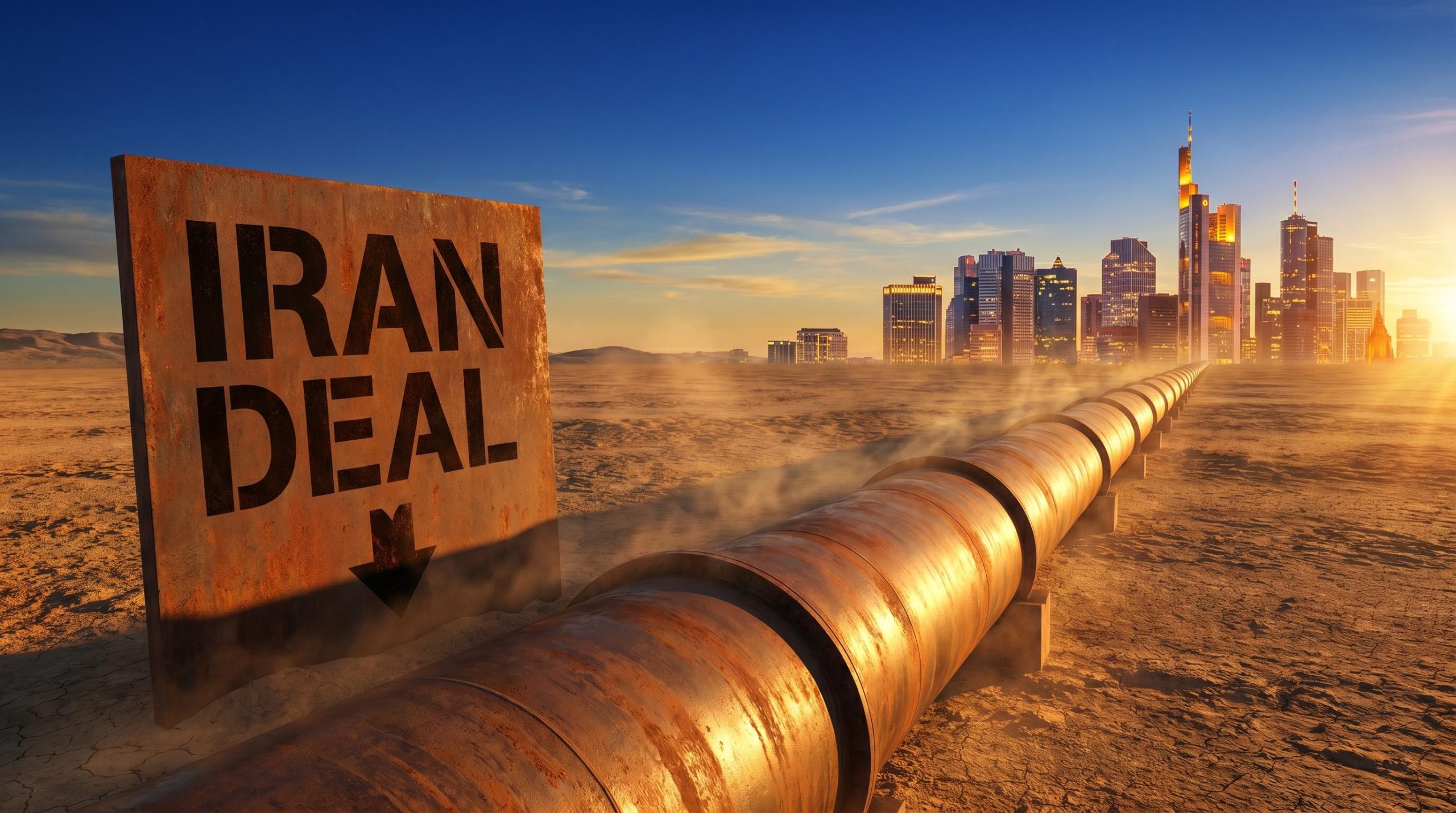 Barclays Iran peace deal scenario — oil pipeline crossing desert toward glowing European skyline at golden hour