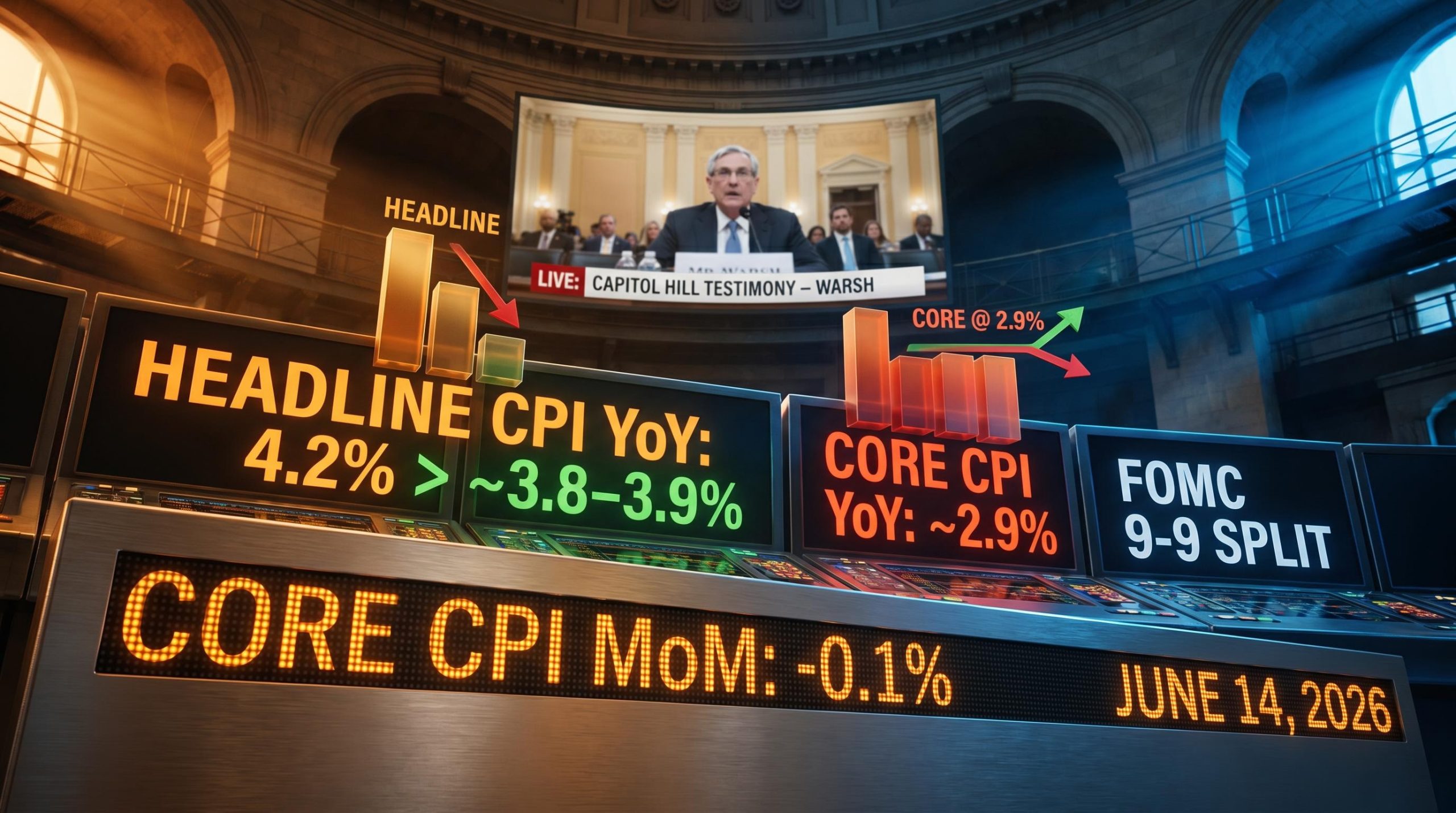 Federal Reserve market terminals display June CPI data — headline 3.8–3.9% easing, core stuck at 2.9% — as FOMC 9-9 split looms