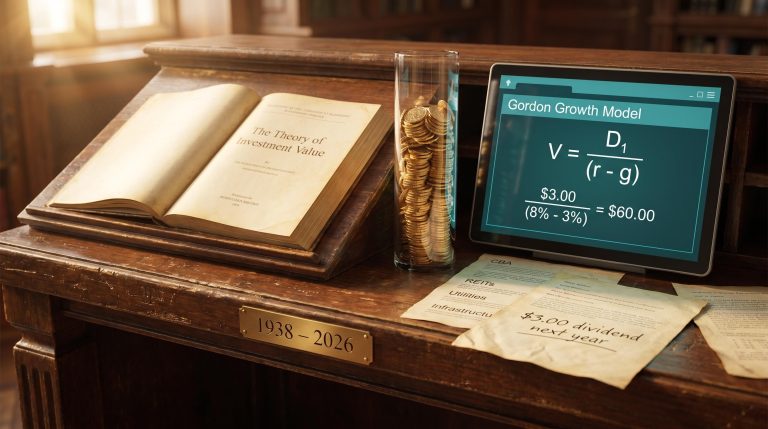 Dividend discount model formula on a financial screen beside a 1938 investment thesis and ASX dividend sector labels