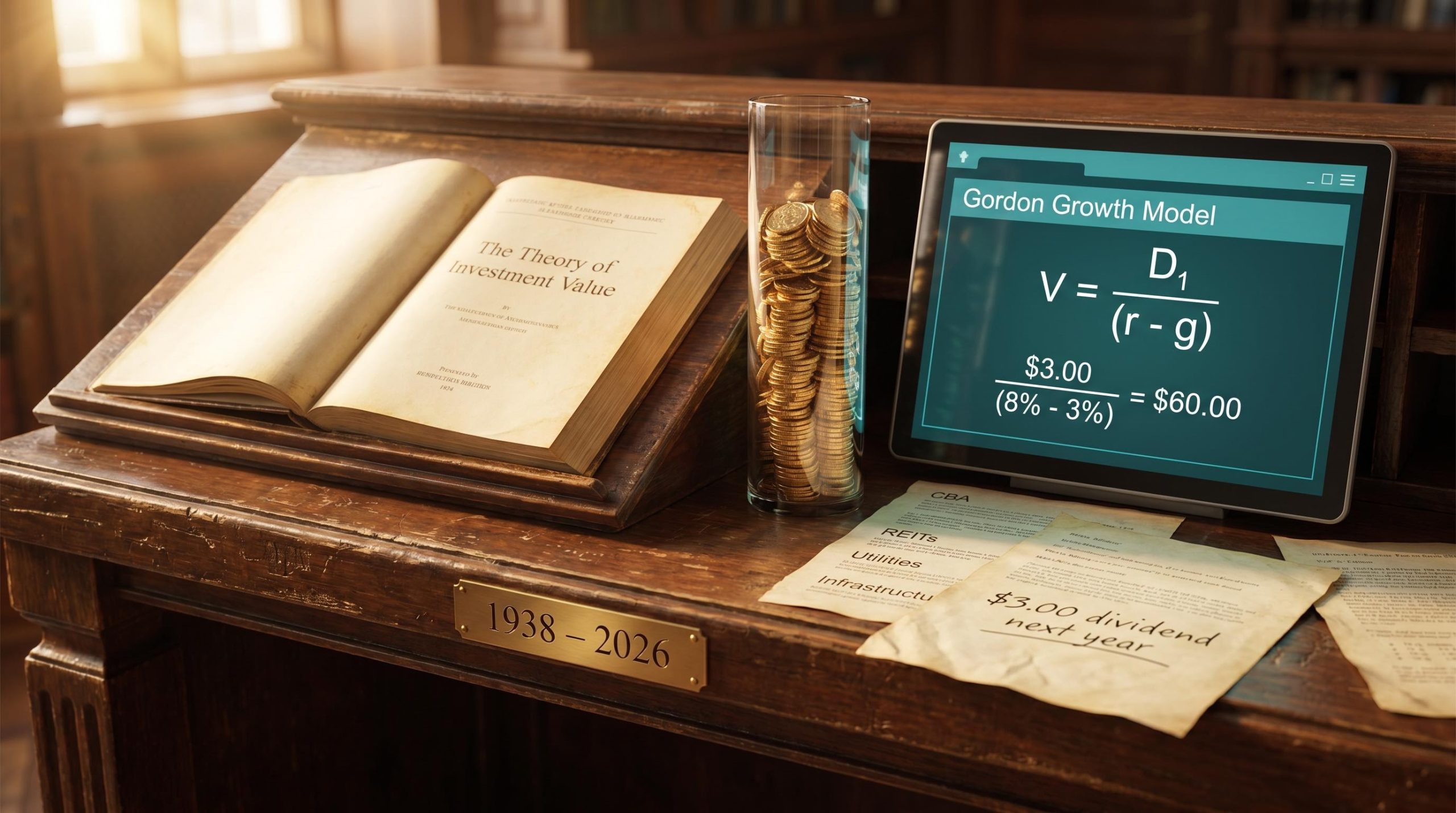 Dividend discount model formula on a financial screen beside a 1938 investment thesis and ASX dividend sector labels