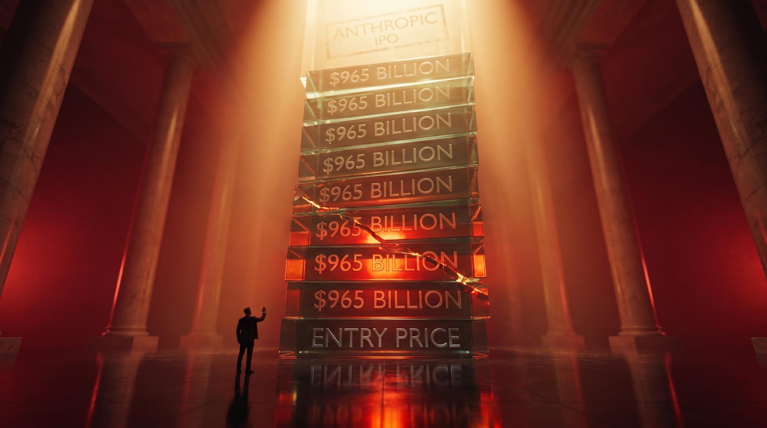 Towering glass structure engraved with "$965 BILLION" dwarfs a lone retail investor — AI valuation trap visualised