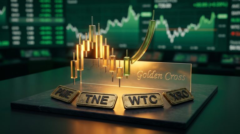 ASX tech stocks PME, TNE, WTC, XRO ticker plates with a golden cross candlestick chart signalling a potential turning point