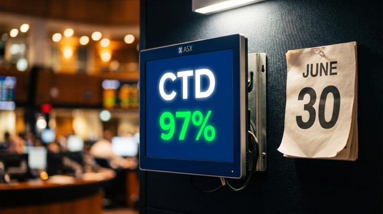 ASX CTD trading terminal displaying '97%' retention stat and June 30 calendar target for trading reinstatement