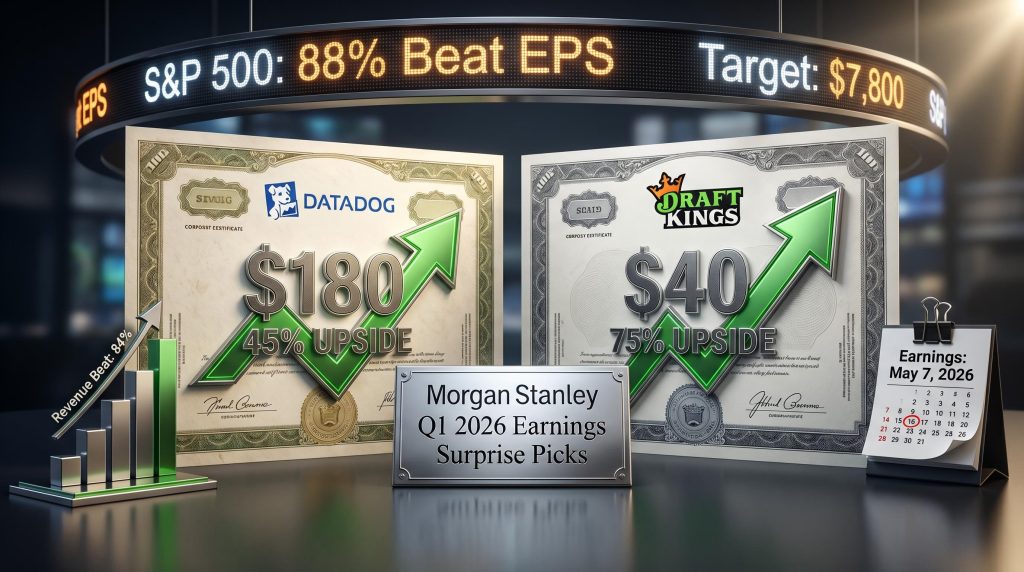 Morgan Stanley stock picks Datadog and DraftKings certificates showing 45% and 75% upside targets for Q1 2026 earnings