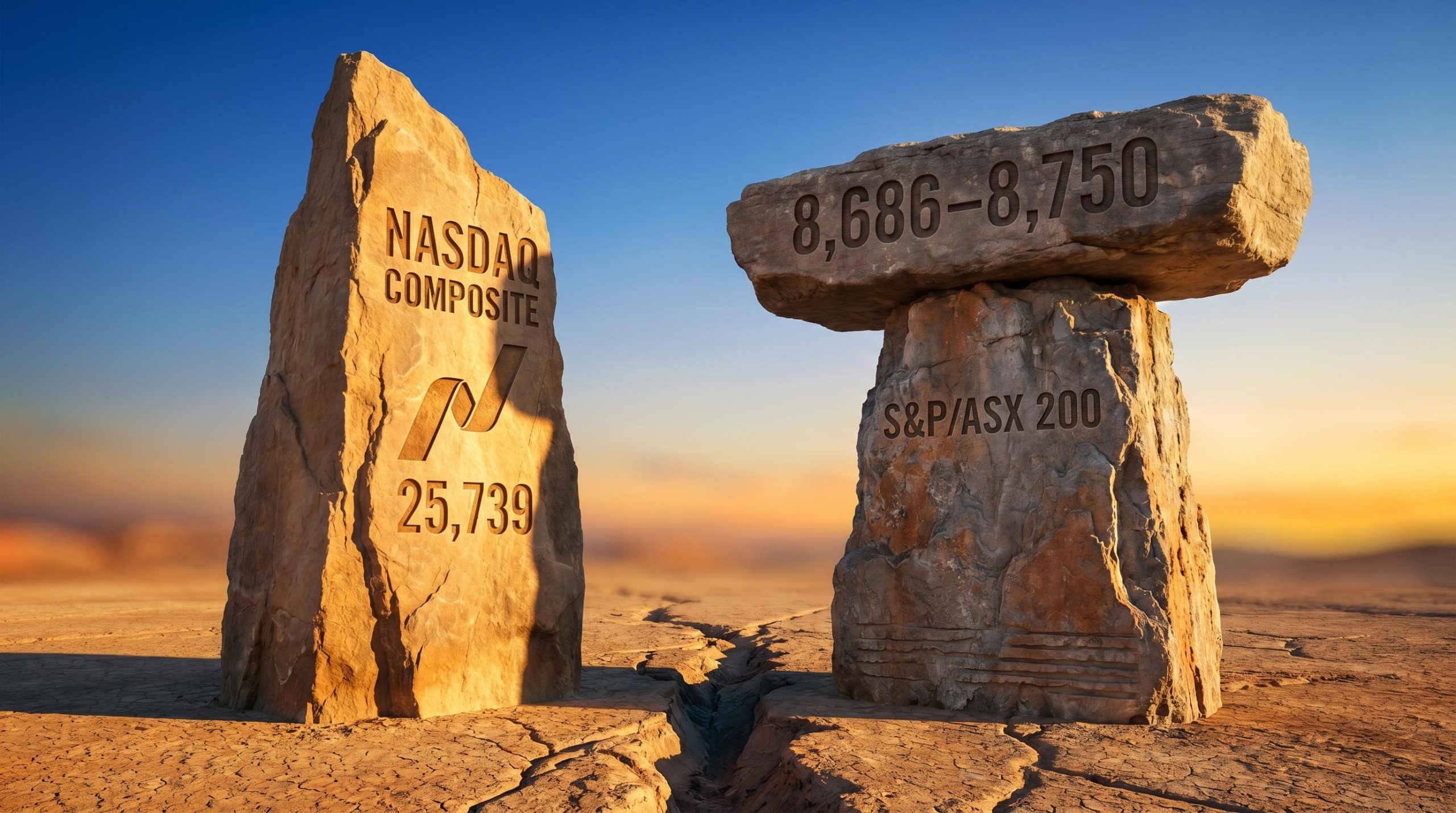 Nasdaq monolith rising in golden light beside a capped ASX 200 monolith showing supply level 8,686–8,750 etched in stone