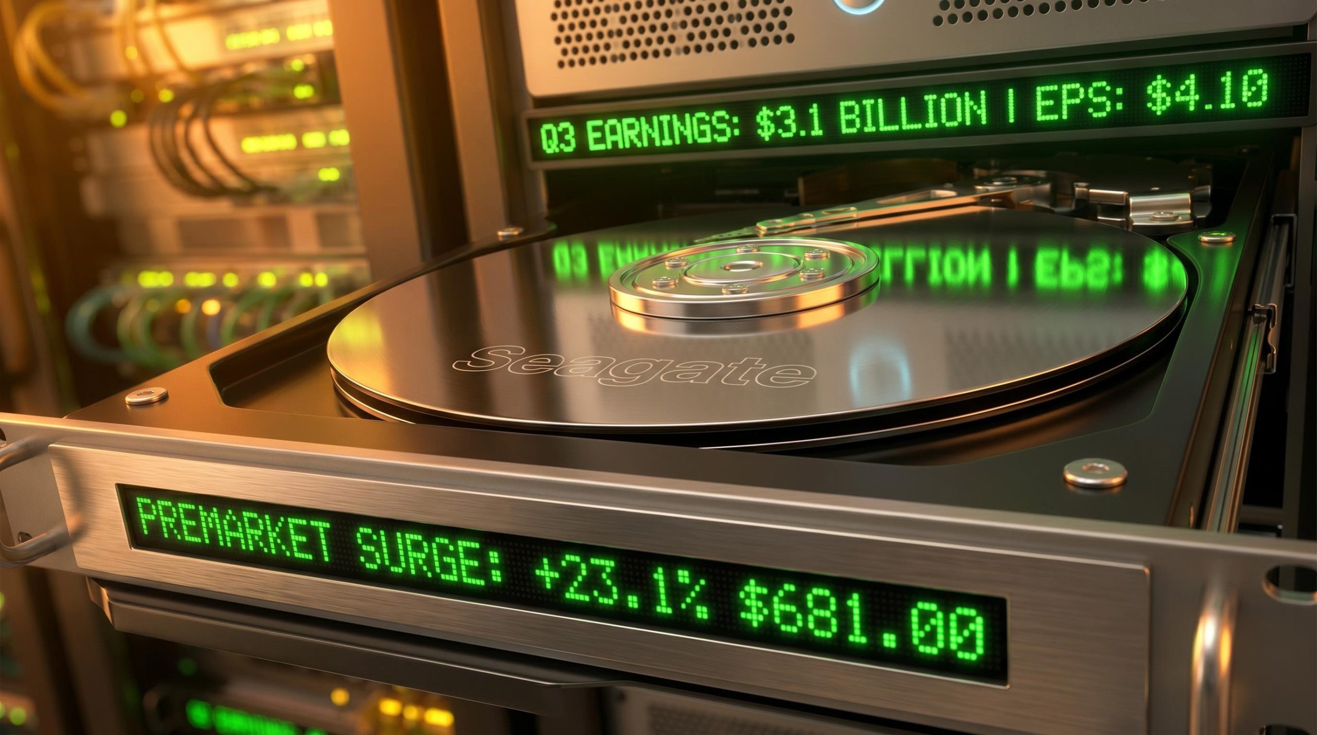Enterprise hard drive displaying $3.1 billion revenue and $681.00 price, illustrating the massive Seagate stock surge