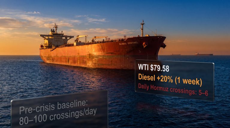 VLCC supertanker stalled in the Strait of Hormuz with WTI $79.58 and diesel 20% data panels as US-Iran conflict oil prices diverge