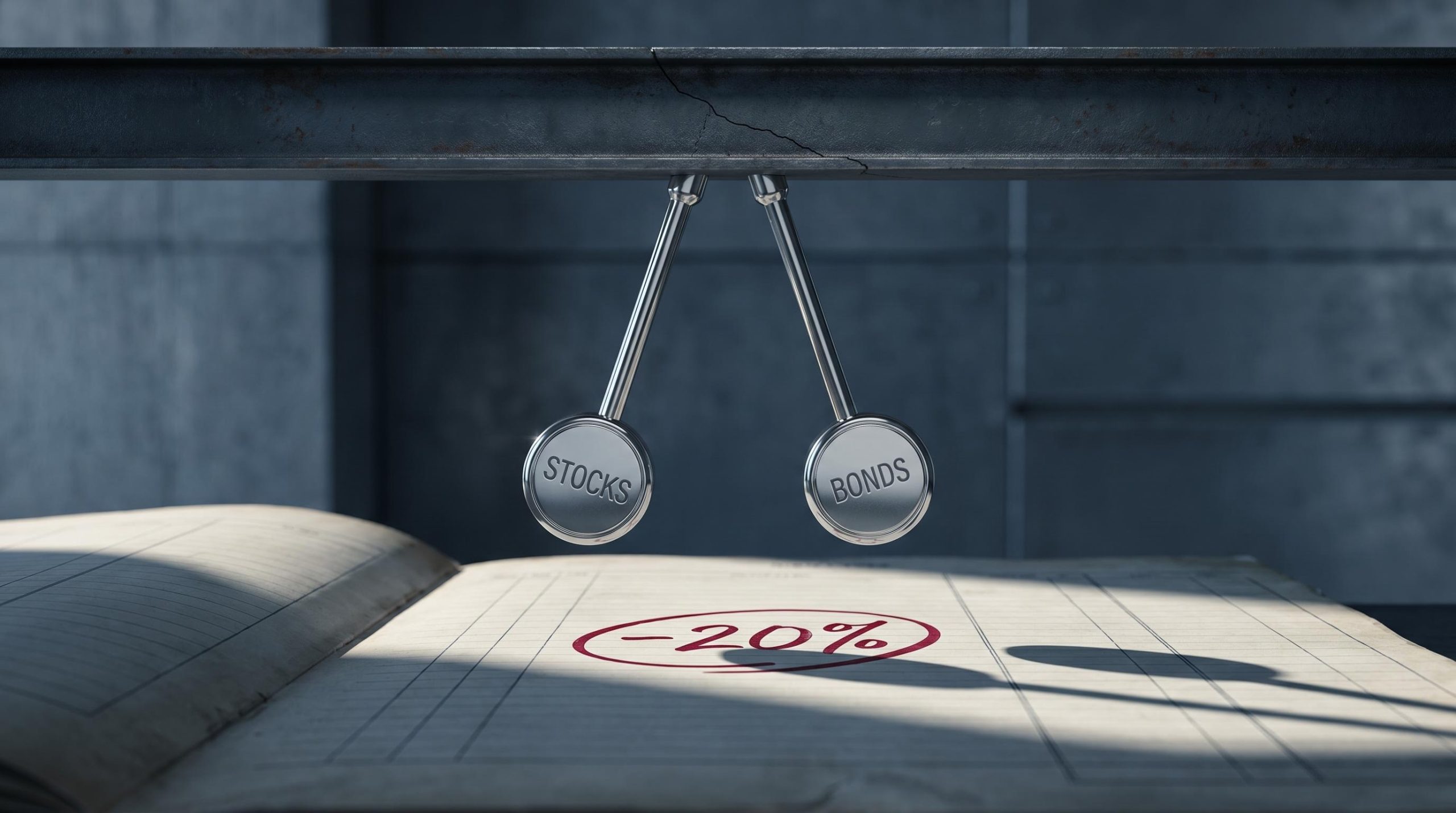 Two chrome pendulums swinging in the same direction, symbolising the broken 60/40 portfolio stock-bond correlation in 2022