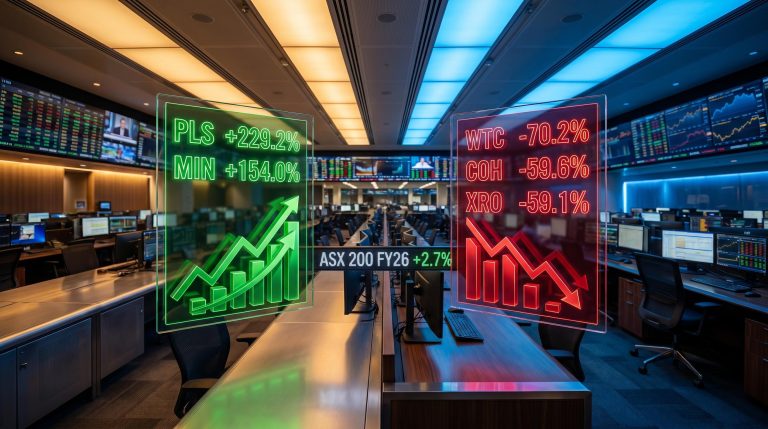 ASX sector rotation FY26: lithium stocks surge vs growth darlings collapse, data panels show PLS 229% and WTC -70%