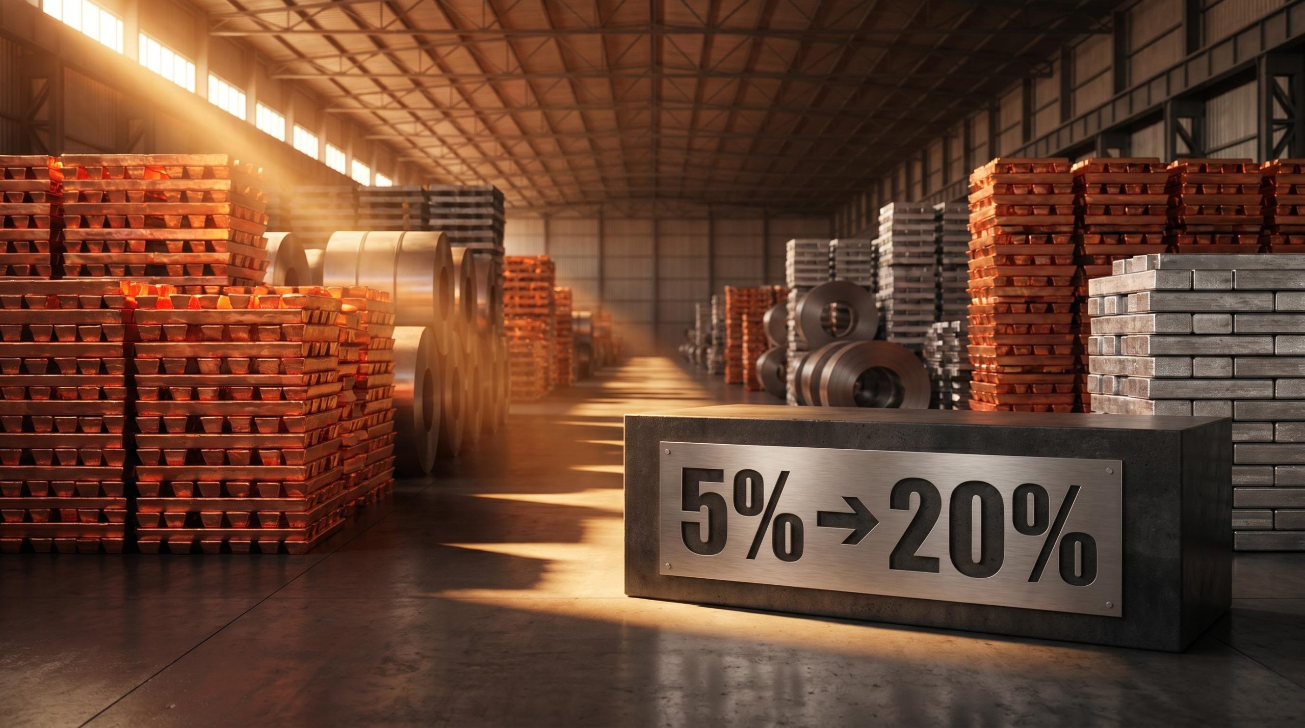Towering copper and steel stacks in industrial warehouse with "5% → 20%" allocation shift — Societe Generale commodities call