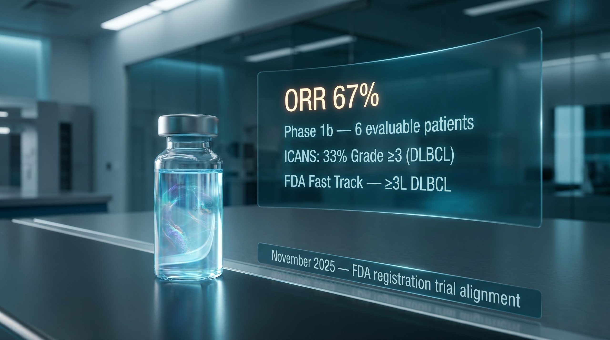 Azer-cel CAR-T therapy vial with ASCO 2026 trial data panels showing 67% ORR in third-line lymphoma treatment