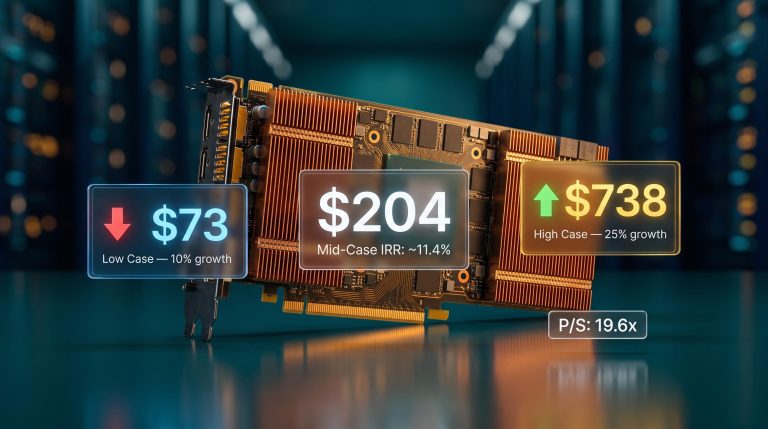 Nvidia GPU close-up with DCF valuation panels showing $73, $204, and $738 intrinsic value scenarios