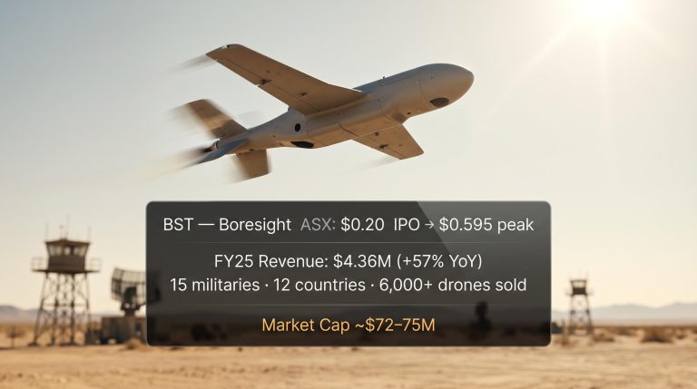 Boresight attritable drone target mid-air over training range with ASX defence stock data overlay showing BST IPO and revenue figures