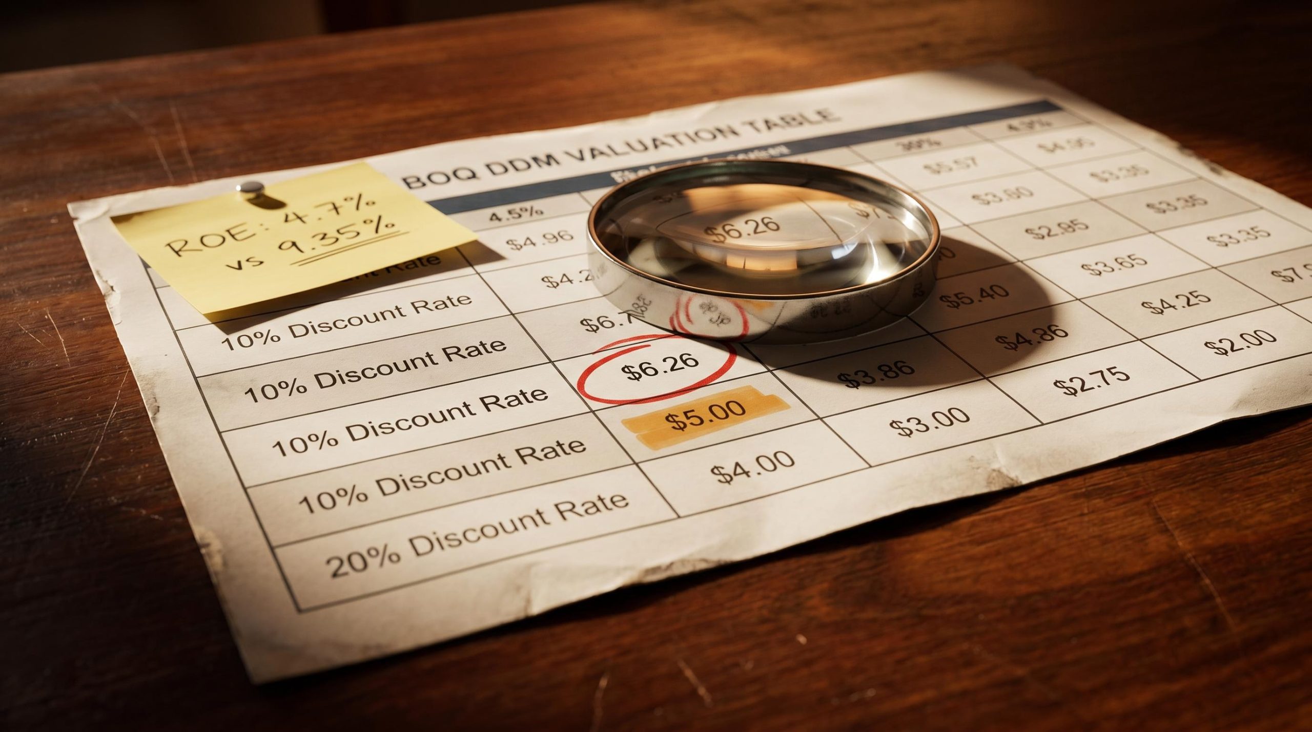 BOQ valuation DDM scenario grid under magnification with $6.26 price and 4.7% ROE annotation scrutinised