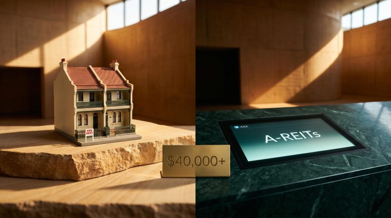 Split-scene comparing direct investment property and A-REITs with stamp duty cost etched as a brass divider