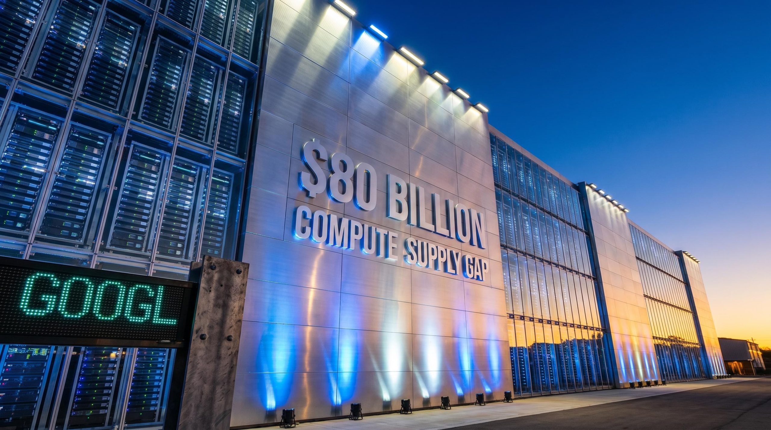 Alphabet's $80 billion equity raise to fund AI compute infrastructure shown as monumental data centre facade