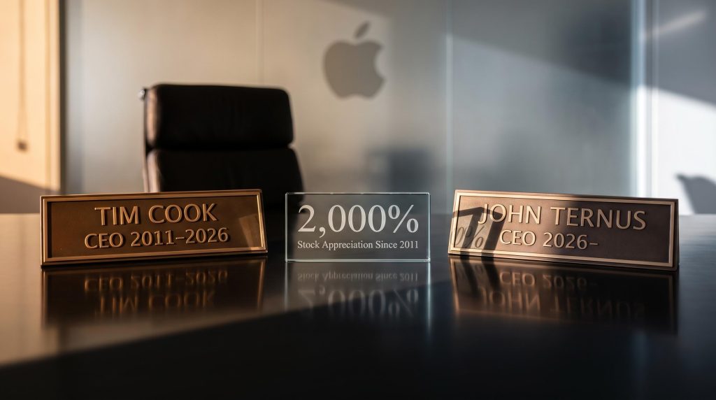 Bronze CEO nameplates for Tim Cook and John Ternus with 2,000% stock appreciation figure on Apple boardroom table