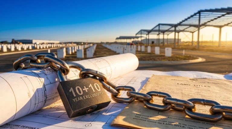 Steel lock securing land title plans with '10 10 YEAR EXCLUSIVITY' etched in, illustrating pipeline exclusivity as a sustainable competitive advantage