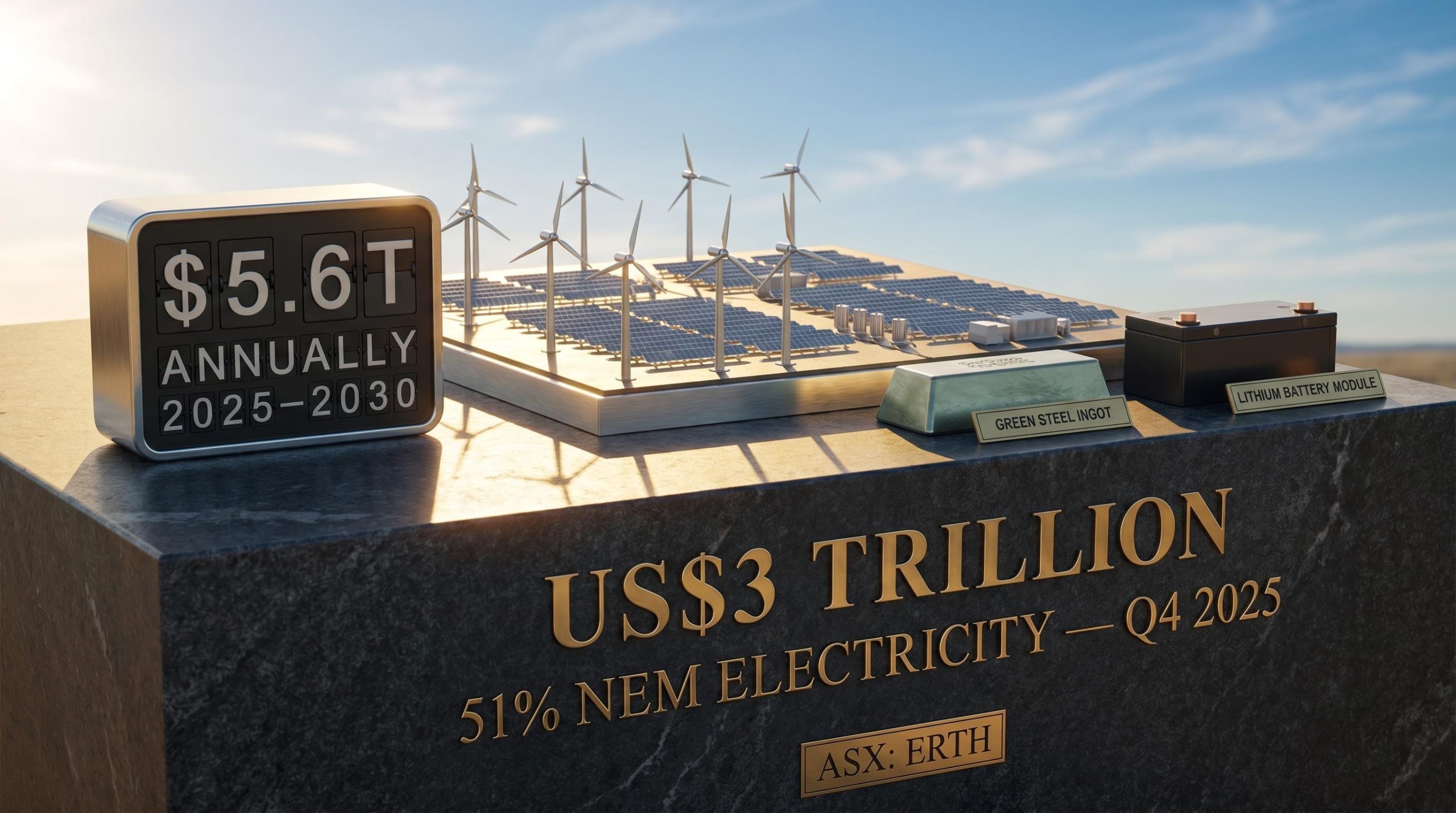 Climate tech investing milestone: US$3 trillion global energy investment plinth with solar array and 51% NEM renewables data engraved