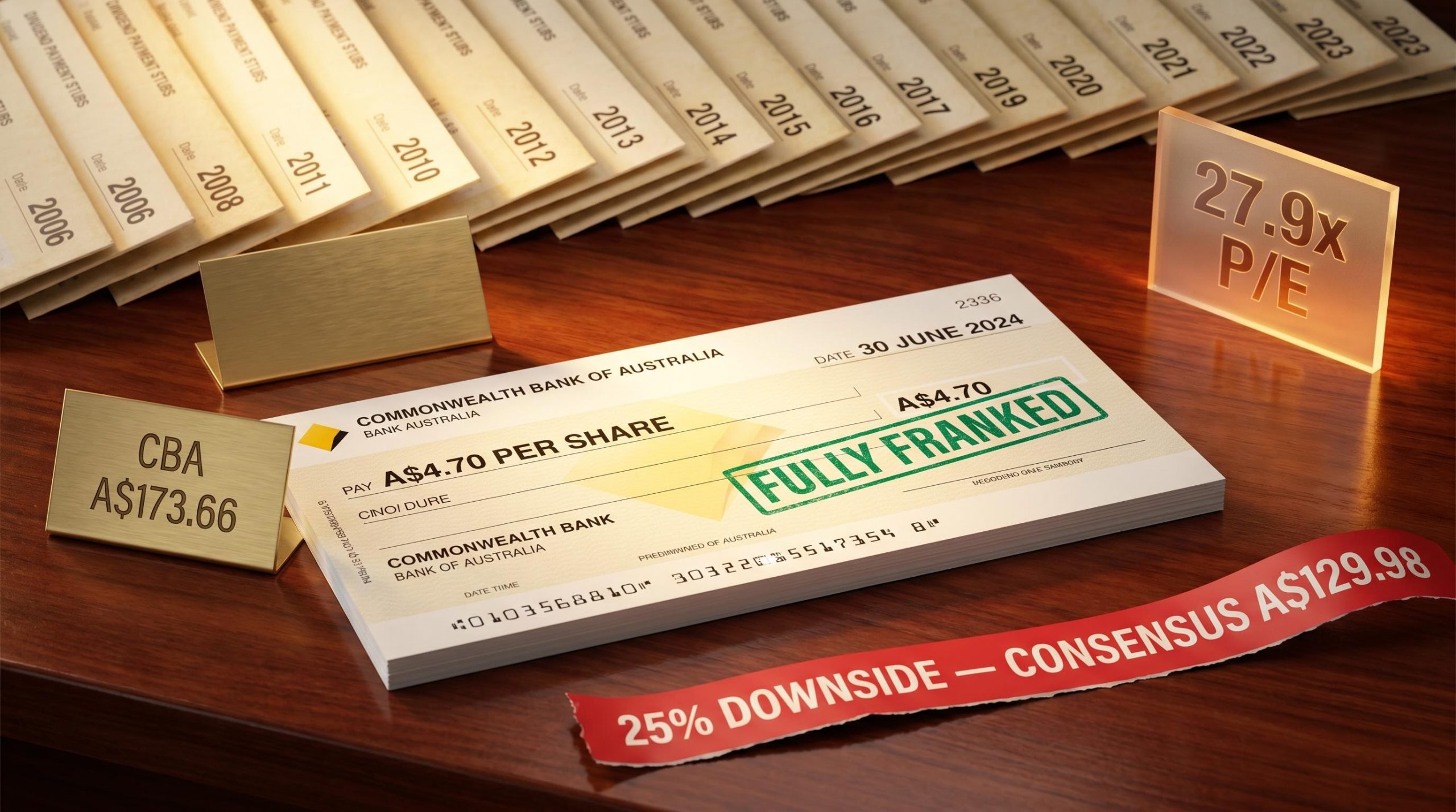 CBA share price valuation tension: fully franked dividend cheque beside A$129.98 analyst consensus target ticker