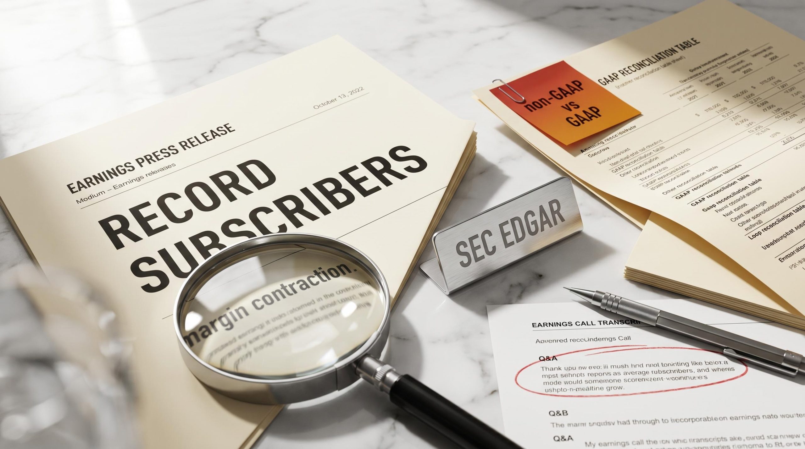 Earnings report analysis: magnifying glass over press release headline beside GAAP reconciliation table on marble surface