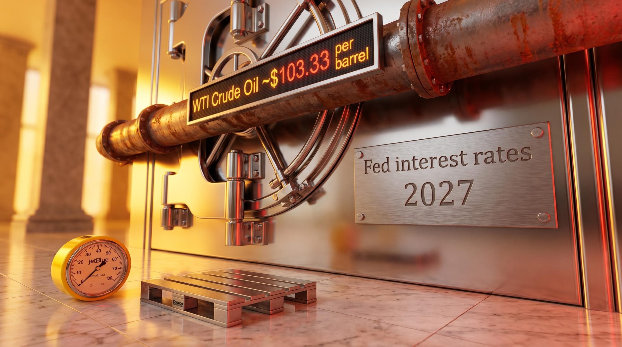 Federal Reserve vault blocked by oil pipeline showing $103.33 WTI crude, signaling Fed interest rates delayed to 2027.