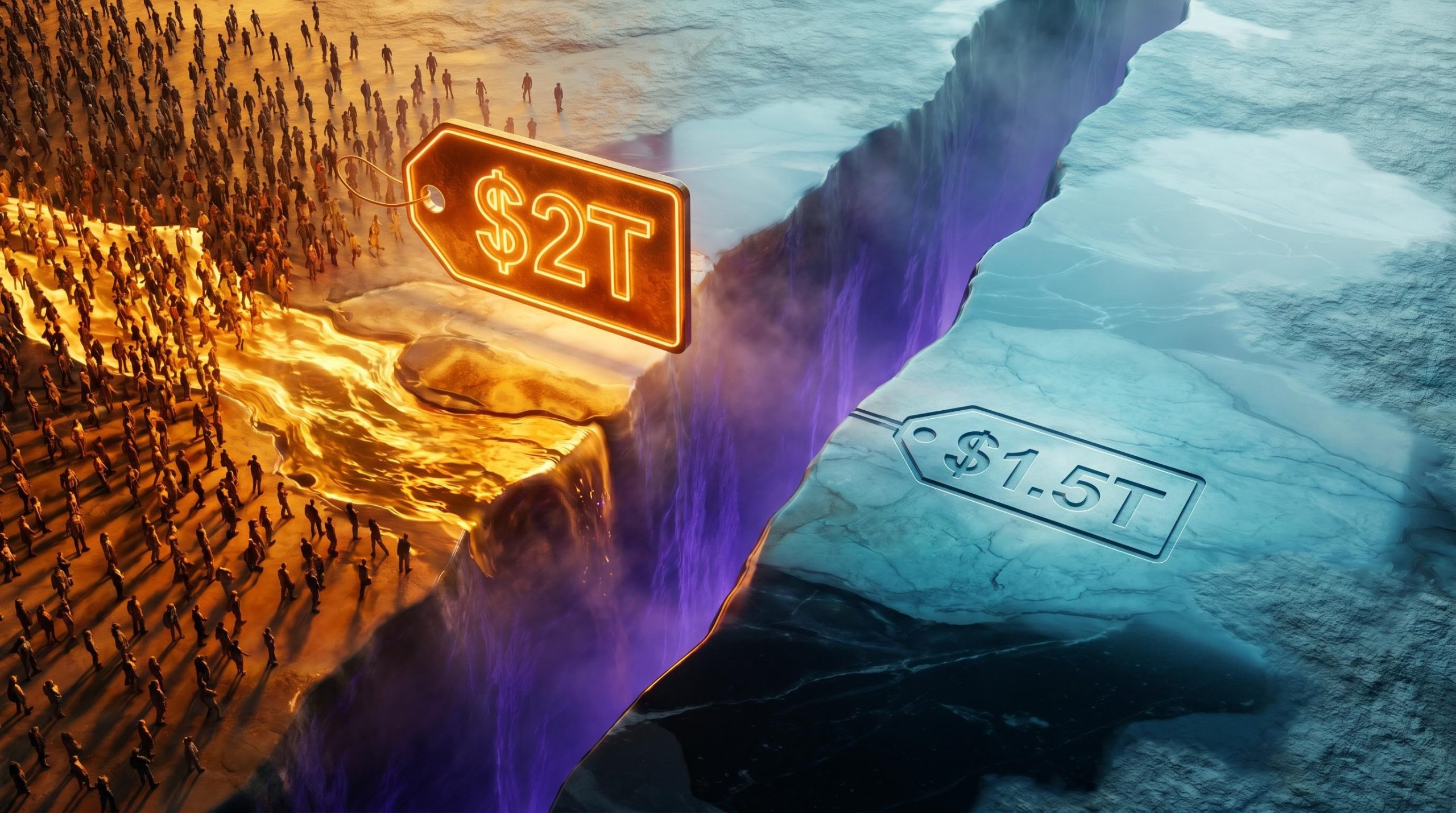 Crowd surging toward glowing $2T price tag above a chasm from $1.5T analyst marker — contrarian investing strategy concept