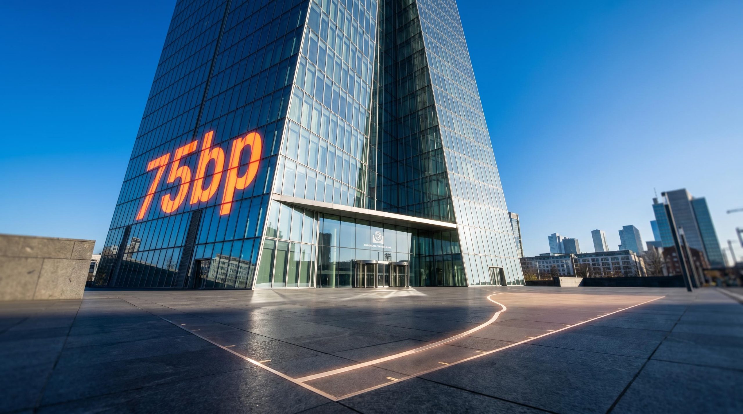 ECB headquarters in Frankfurt with "75bp" rate hike warning illuminated on facade amid UBS tightening outlook
