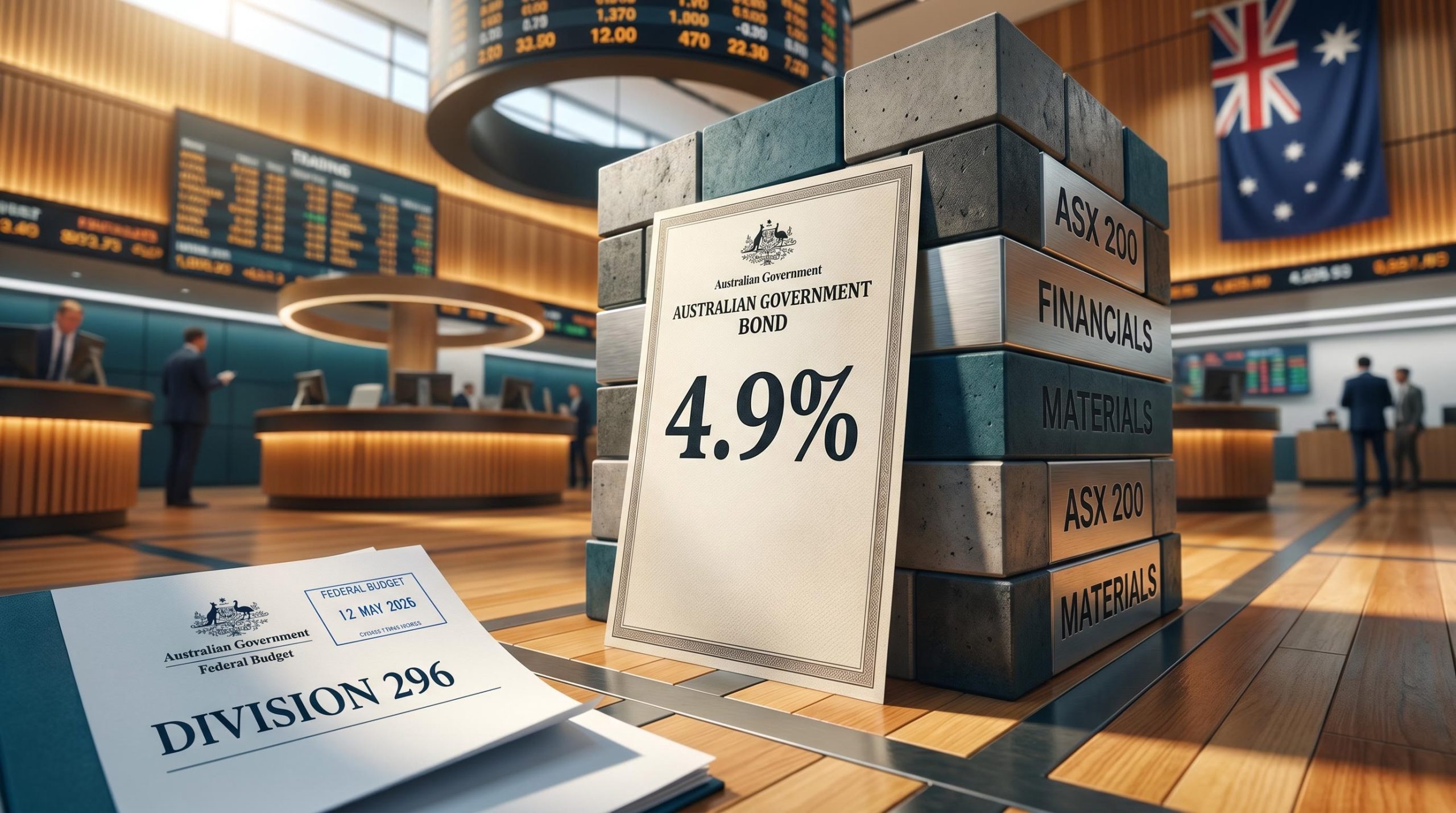 Australian bond certificate showing 4.9% yield alongside ASX 200 sector blocks and Federal Budget 2026 document