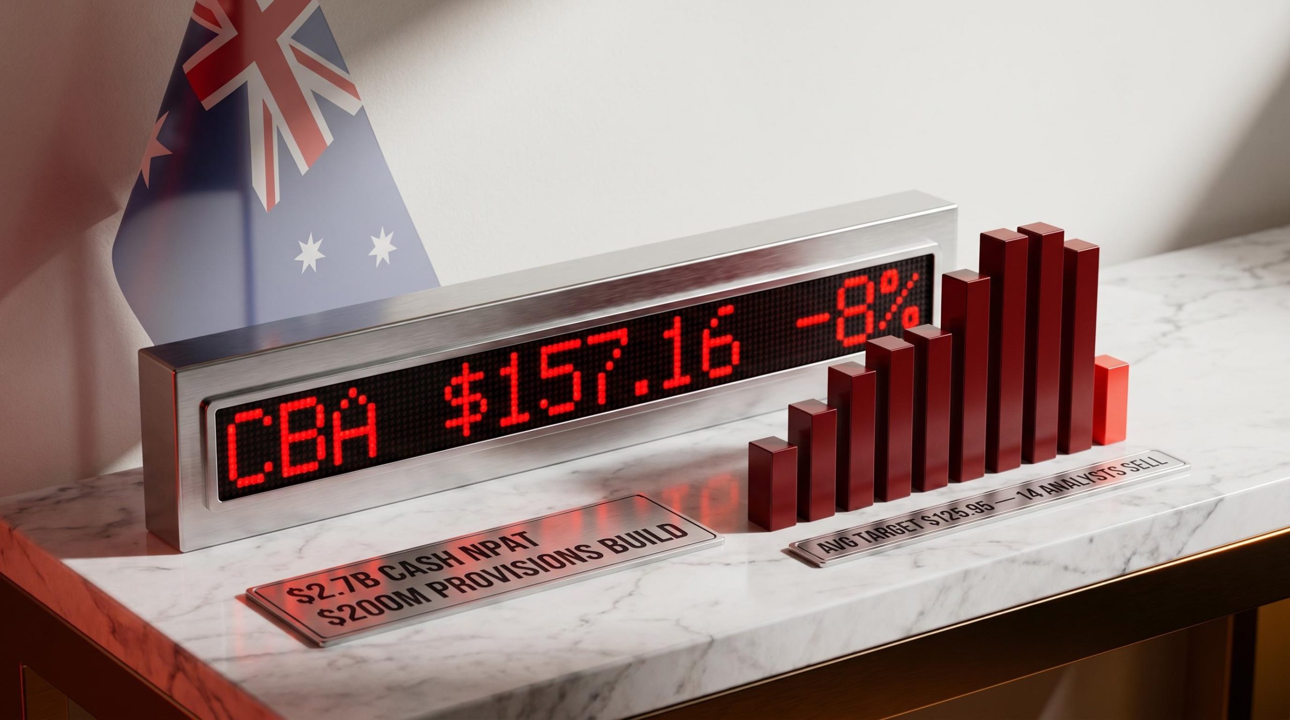 CBA stock ticker showing $157.16 and -8% drop alongside $200M provisions build and $125.95 analyst consensus target