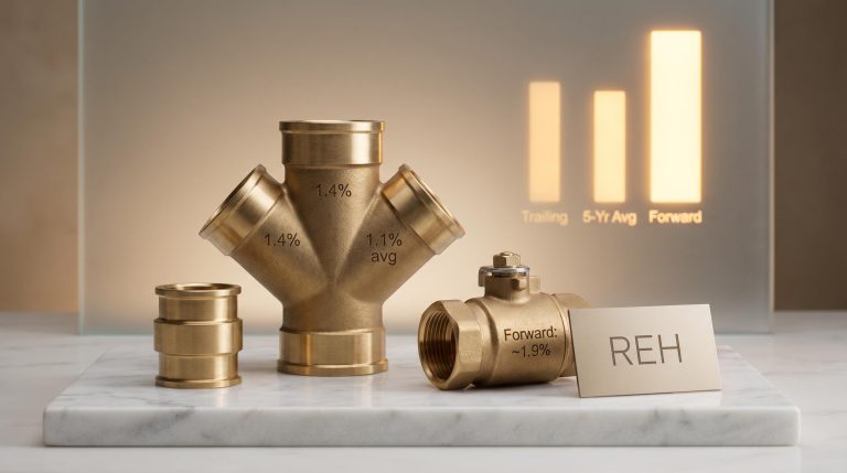 Reece Limited REH brass fittings engraved with 1.4% trailing and 1.9% forward dividend yield valuation data
