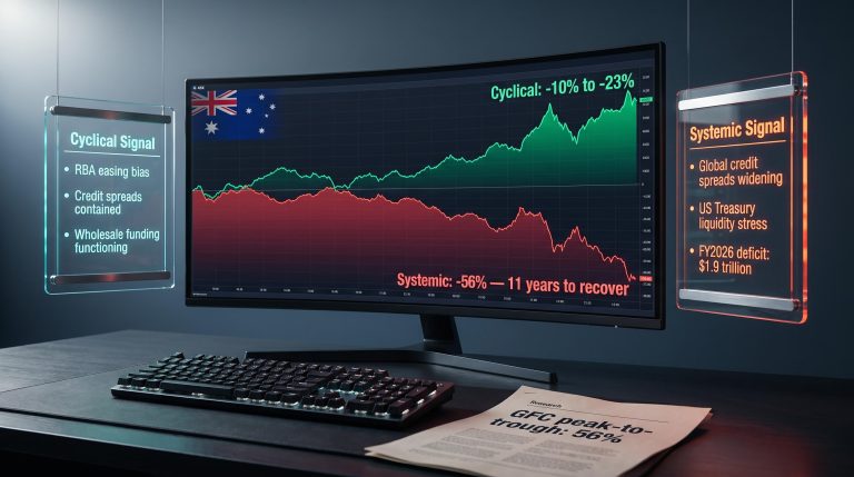 ASX bank share risk framework showing cyclical vs systemic signals with GFC 56% decline and 11-year recovery data