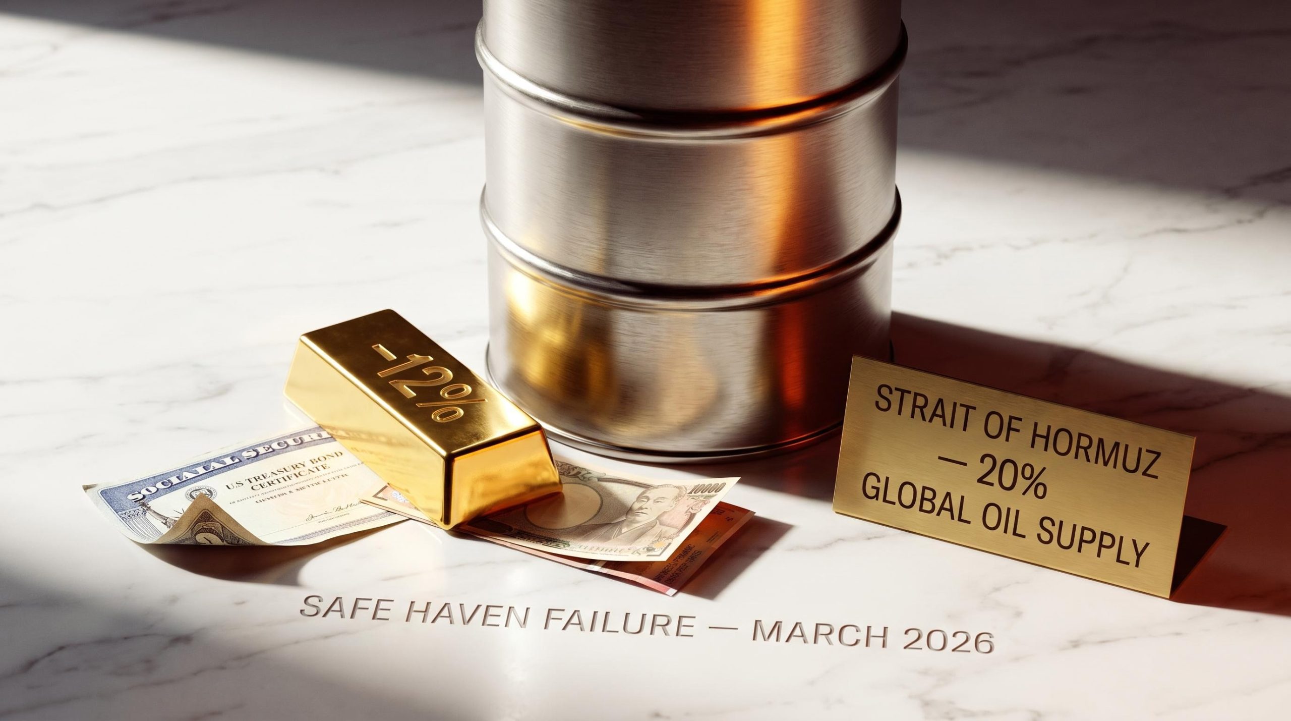 Gold bar, US Treasuries, yen and franc failing simultaneously in March 2026 Iran War supply shock with oil barrel central