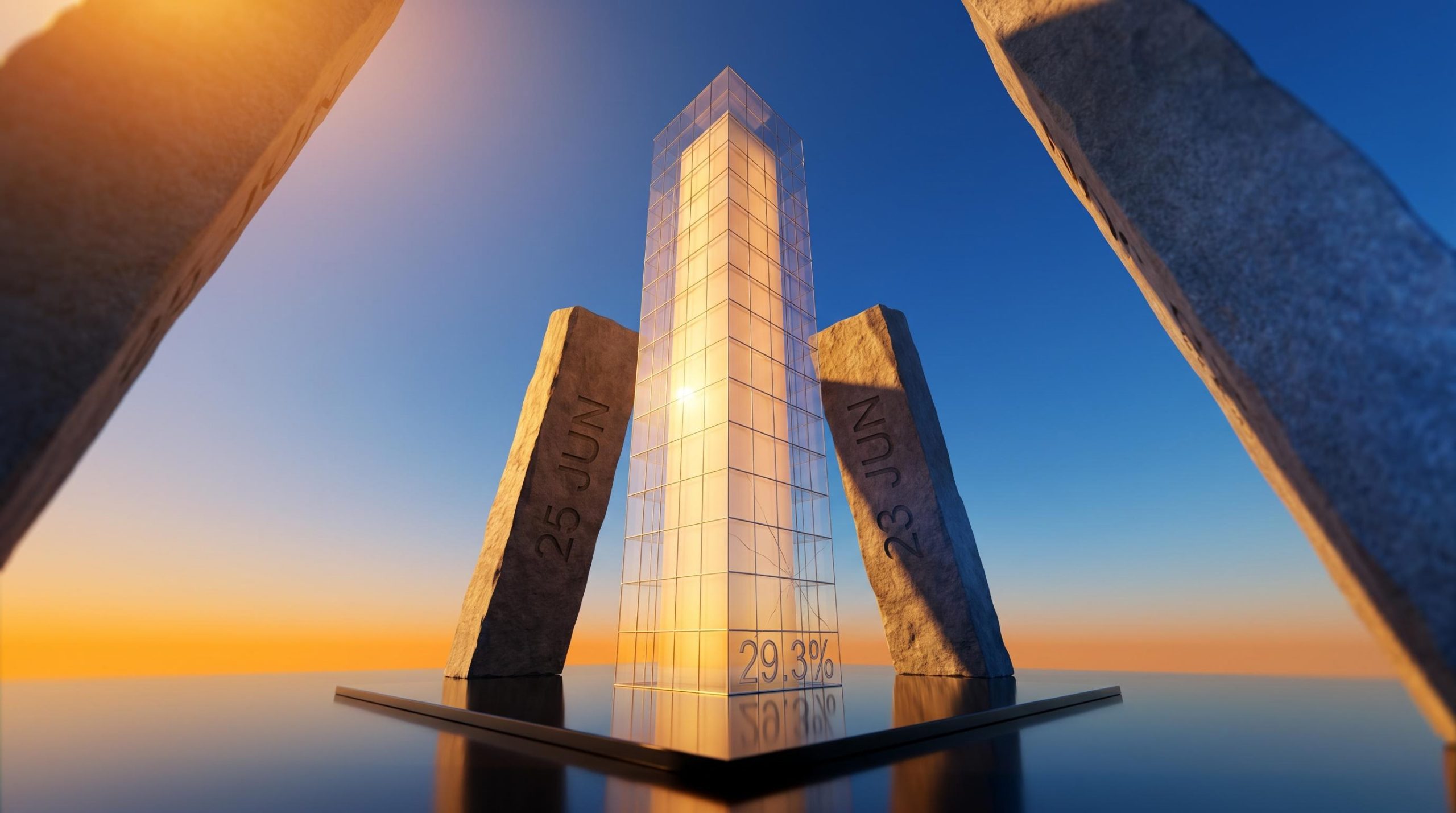 Glass market tower under pressure from converging June macro dates, with 29.3% earnings growth etched into its facade