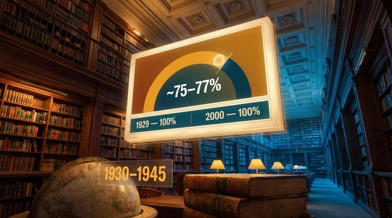 Ray Dalio five forces bubble gauge at 75–77% shown on glowing data panel inside a vast 500-year historical archive