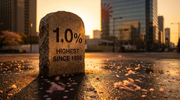 Stone milestone engraved "1.0%" on Tokyo street as Bank of Japan rate hike reaches 30-year high