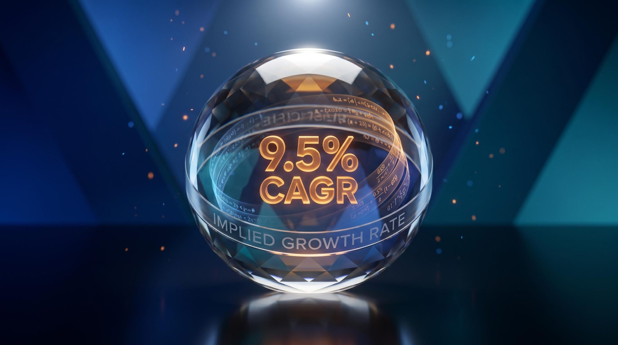 Glass sphere revealing implied growth rate formula inside, showing 9.5% CAGR demand hidden in a stock price