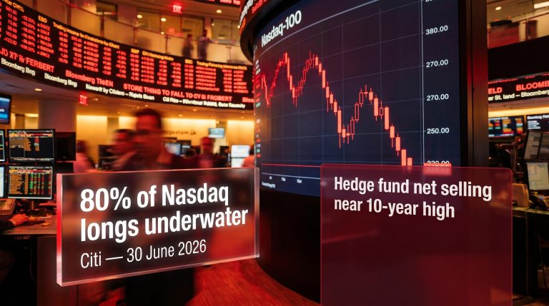 Nasdaq-100 trading screen in freefall with Citi data panel showing 80% of longs underwater