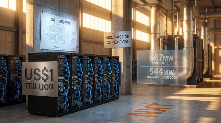 NEXTDC data centre GPU racks with US$1 trillion AI infrastructure investment and 250MW S4 contract figures