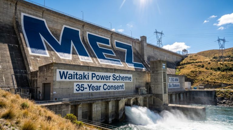 Hydroelectric dam with signage
