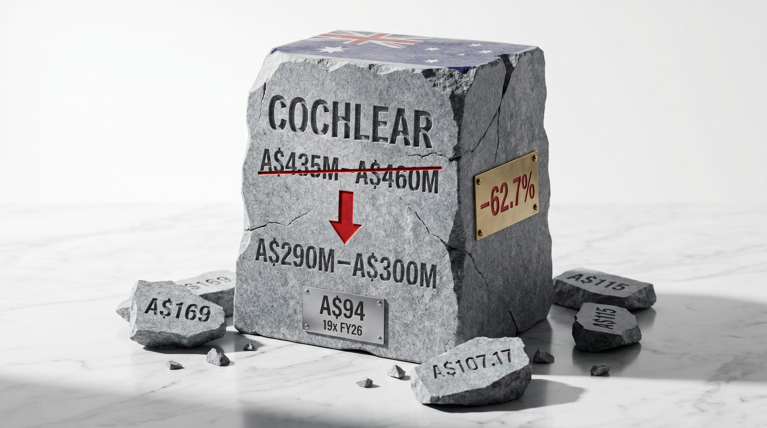 Cochlear share price down 62.7% — cracked stone monolith shows FY26 NPAT cut from A$435m to A$290m