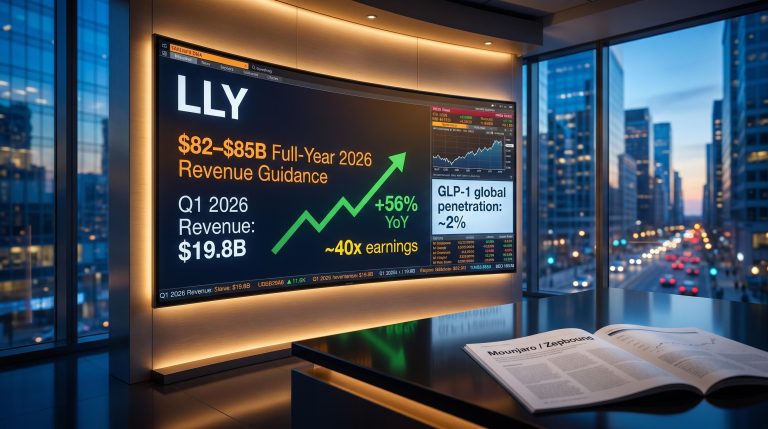 Eli Lilly stock analysis dashboard showing $19.8B Q1 2026 revenue, 56% YoY growth, and 2% GLP-1 global penetration