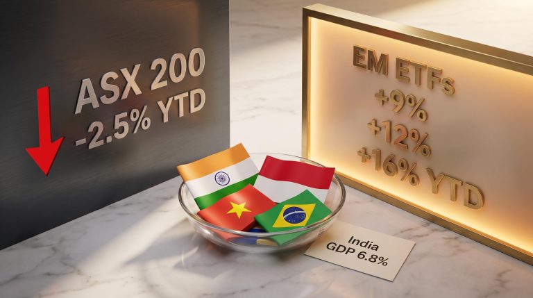 ASX-listed emerging market ETFs returning 9–16% YTD versus ASX 200 decline, with India, Vietnam, Indonesia flags