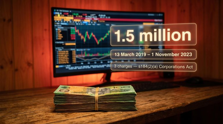 Bundled AUD cash on a desk with forex screen behind — $1.5M fraud scheme, Trent Bowden, ASIC charges