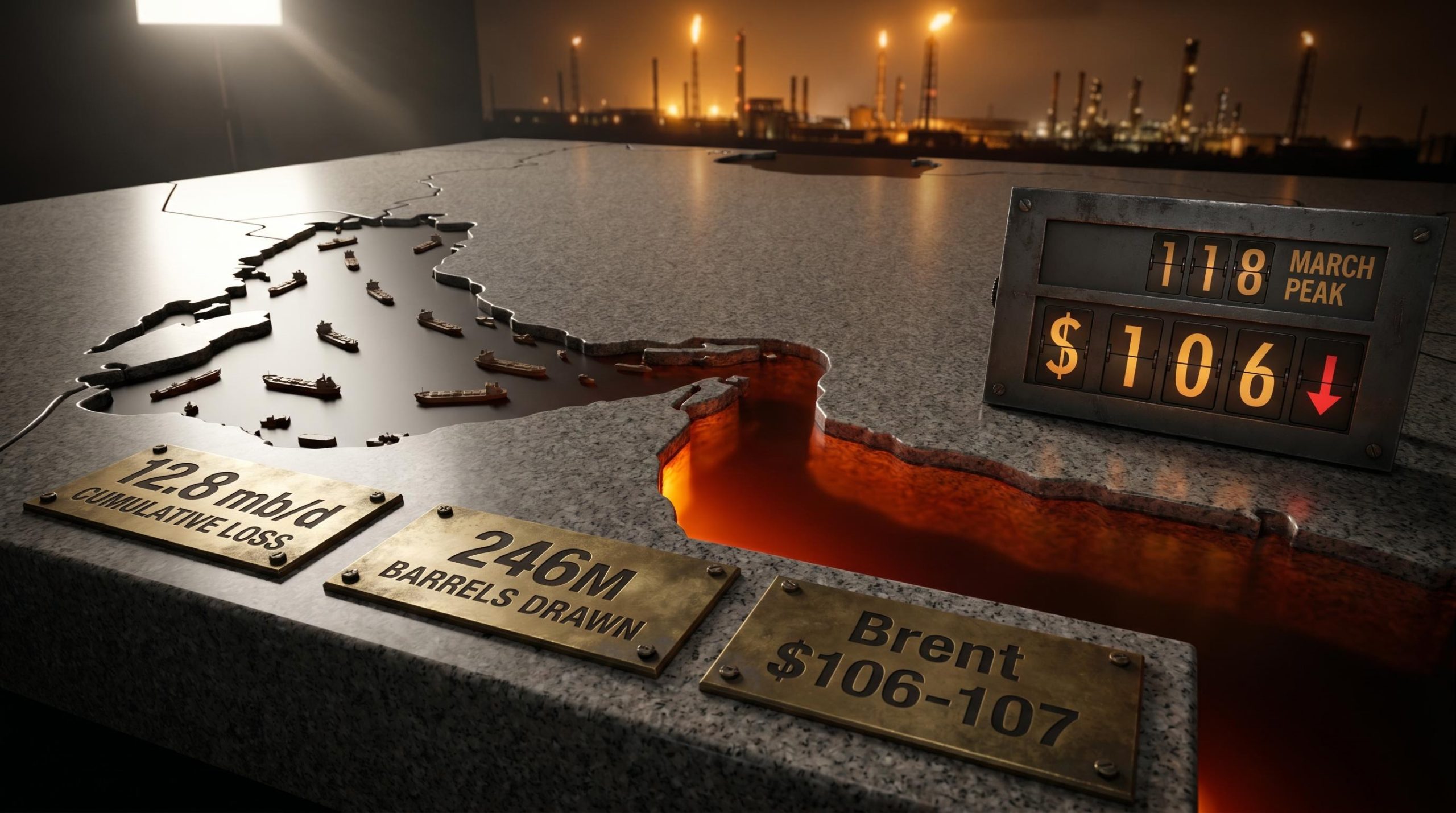 Stone relief map of Strait of Hormuz with "12.8 mb/d" and "246M BARRELS" engraved, global oil supply disruption