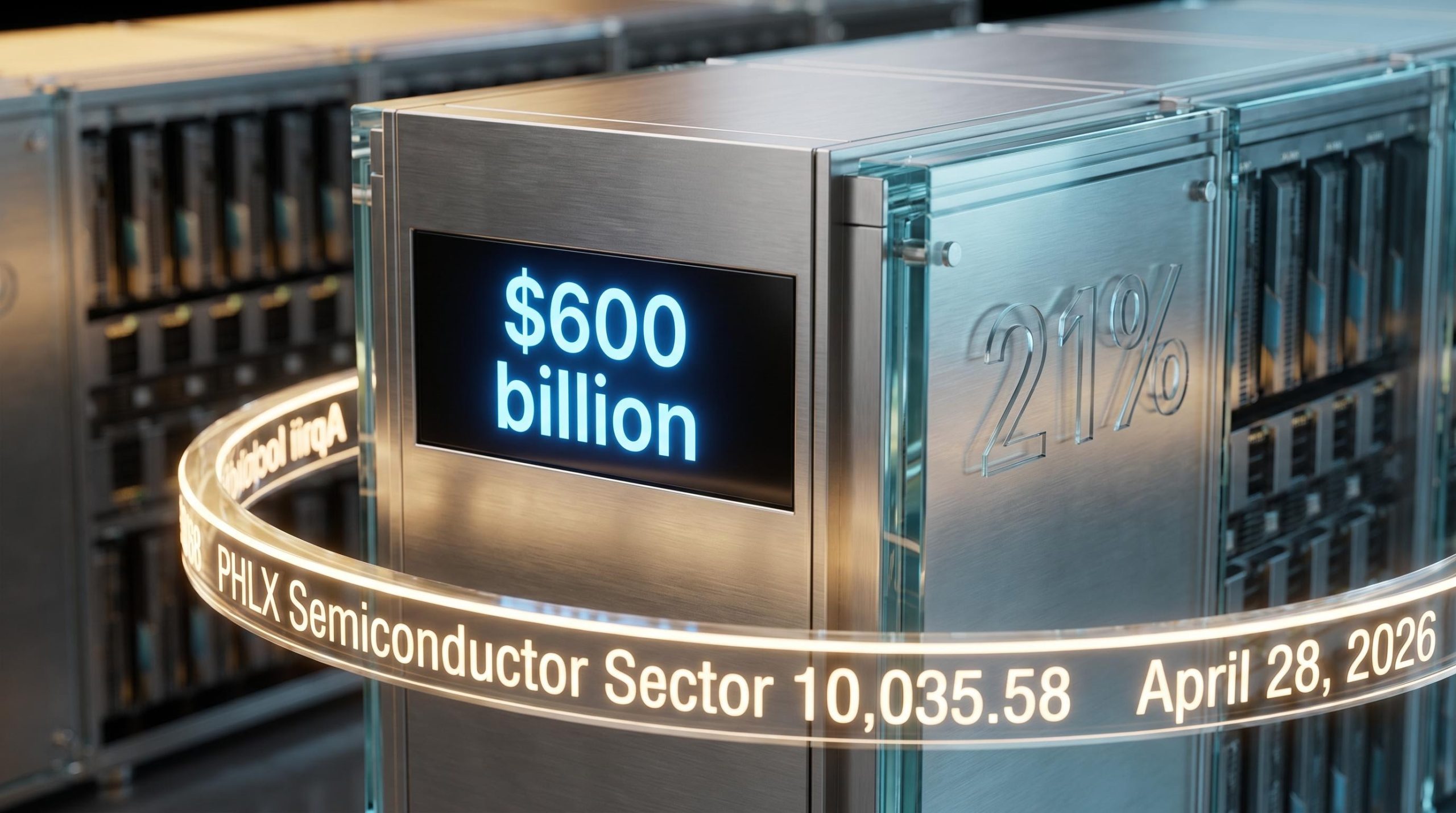 Titanium AI server cluster displaying $600 billion and PHLX 10,035.58, representing AI infrastructure investment scale.